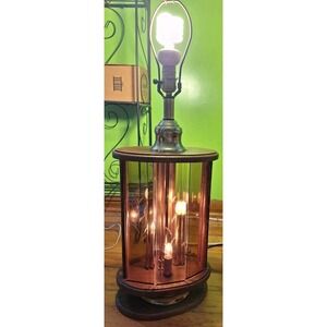 MCM Don Ward 5 Panel Etched Amber Glass Panel Wood & Brass Table Lamp Vintage